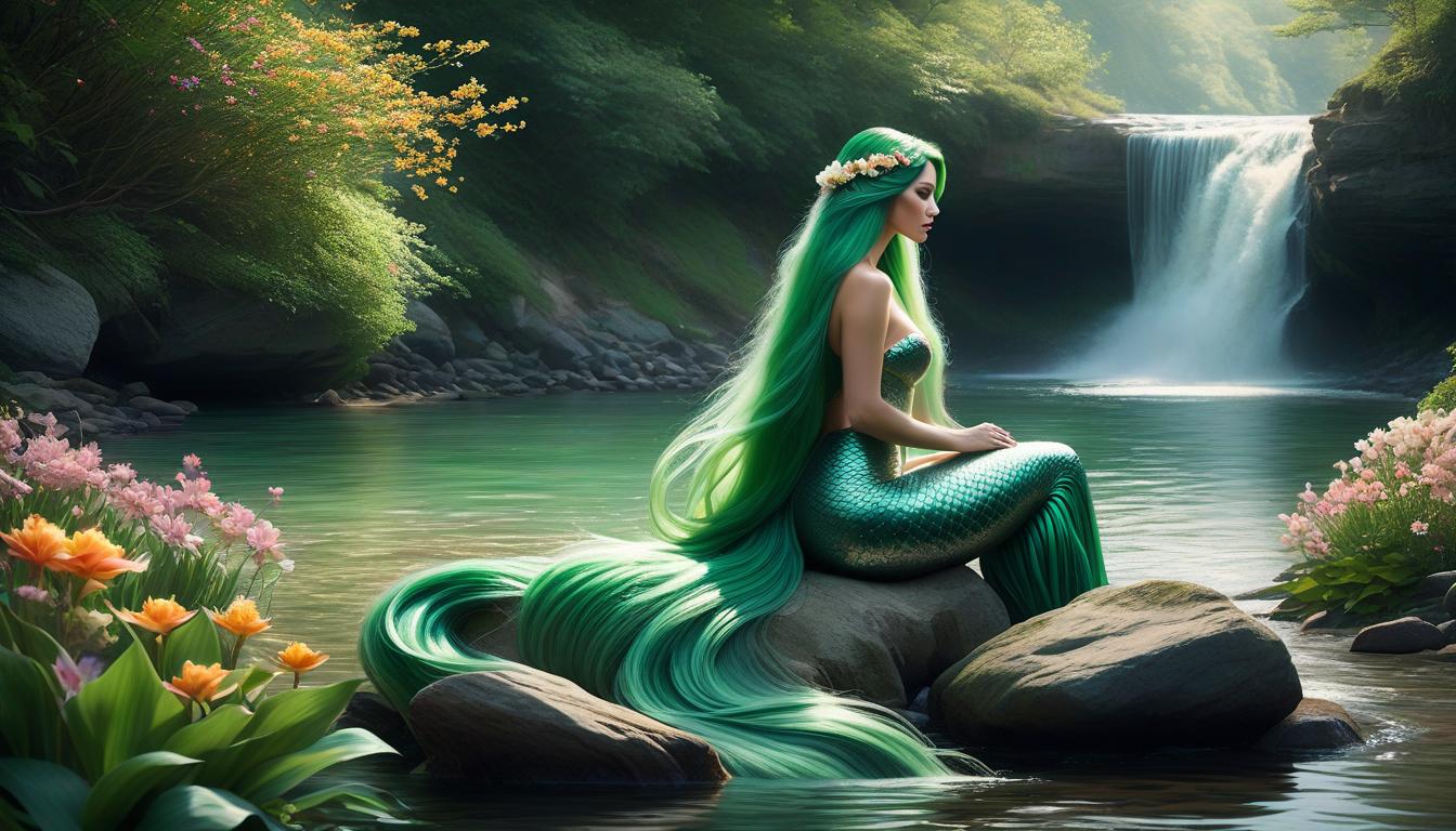  concept art Mermaid girl with green long hair, without a fish tail, sits by the riverbank, combing her long hair, very long hair, flowers around, water basins, beautiful, realistic, high detail, close up, artistic photography with soft lighting. . digital artwork, illustrative, painterly, matte painting, highly detailed hyperrealistic, full body, detailed clothing, highly detailed, cinematic lighting, stunningly beautiful, intricate, sharp focus, f/1. 8, 85mm, (centered image composition), (professionally color graded), ((bright soft diffused light)), volumetric fog, trending on instagram, trending on tumblr, HDR 4K, 8K