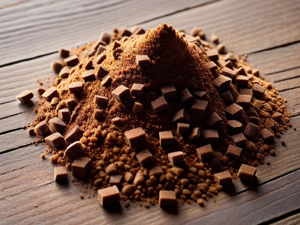  A closeup, highresolution image of dark, velvety muscovado sugar crystals sprinkled on a rustic wooden surface. The crystals glisten under soft, natural lighting, showcasing their rich, deep brown color and unique texture. The minimalistic composition highlights the intricate details of the sugar, emphasizing its gourmet quality and inviting the viewer to appreciate its luxurious appeal. hyperrealistic, full body, detailed clothing, highly detailed, cinematic lighting, stunningly beautiful, intricate, sharp focus, f/1. 8, 85mm, (centered image composition), (professionally color graded), ((bright soft diffused light)), volumetric fog, trending on instagram, trending on tumblr, HDR 4K, 8K