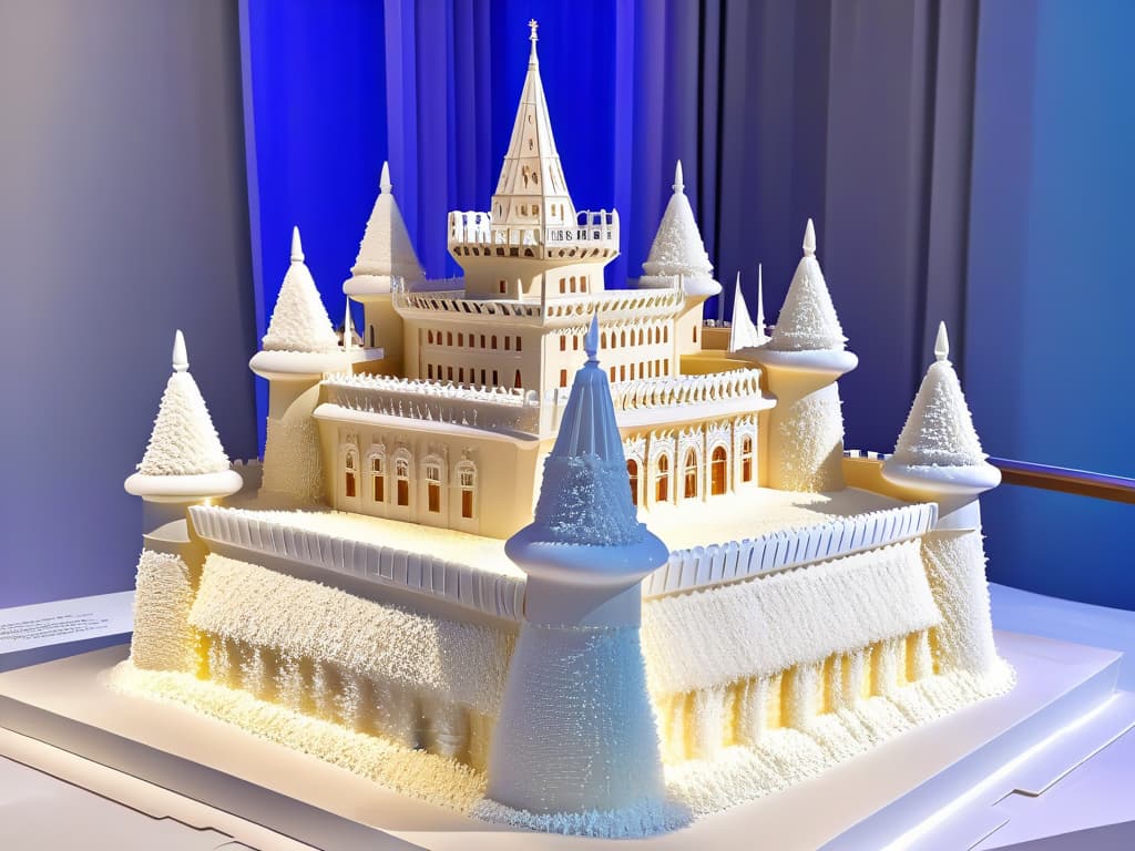  A closeup, ultradetailed image of a delicate, intricate sugar sculpture showcasing a miniature replica of a grand historical castle. The sculpture is flawlessly crafted with exquisite details, capturing the essence of opulence and artistry. Each spire, balcony, and window is meticulously formed, reflecting the historical significance and grandeur associated with sugar artistry. The surface of the sculpture gleams under subtle lighting, emphasizing the skill and precision required to create such a masterpiece. hyperrealistic, full body, detailed clothing, highly detailed, cinematic lighting, stunningly beautiful, intricate, sharp focus, f/1. 8, 85mm, (centered image composition), (professionally color graded), ((bright soft diffused light)), volumetric fog, trending on instagram, trending on tumblr, HDR 4K, 8K