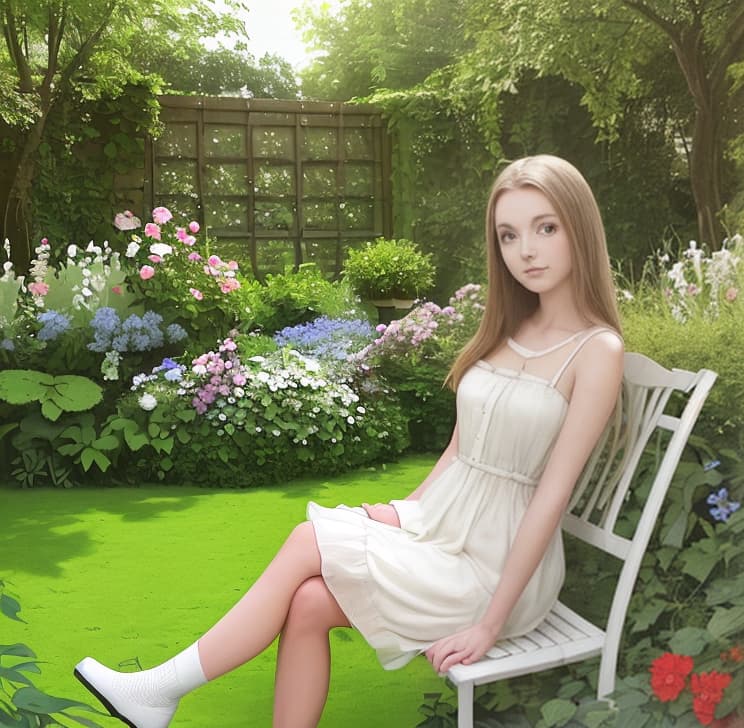  Beautiful girl sits in the big garden