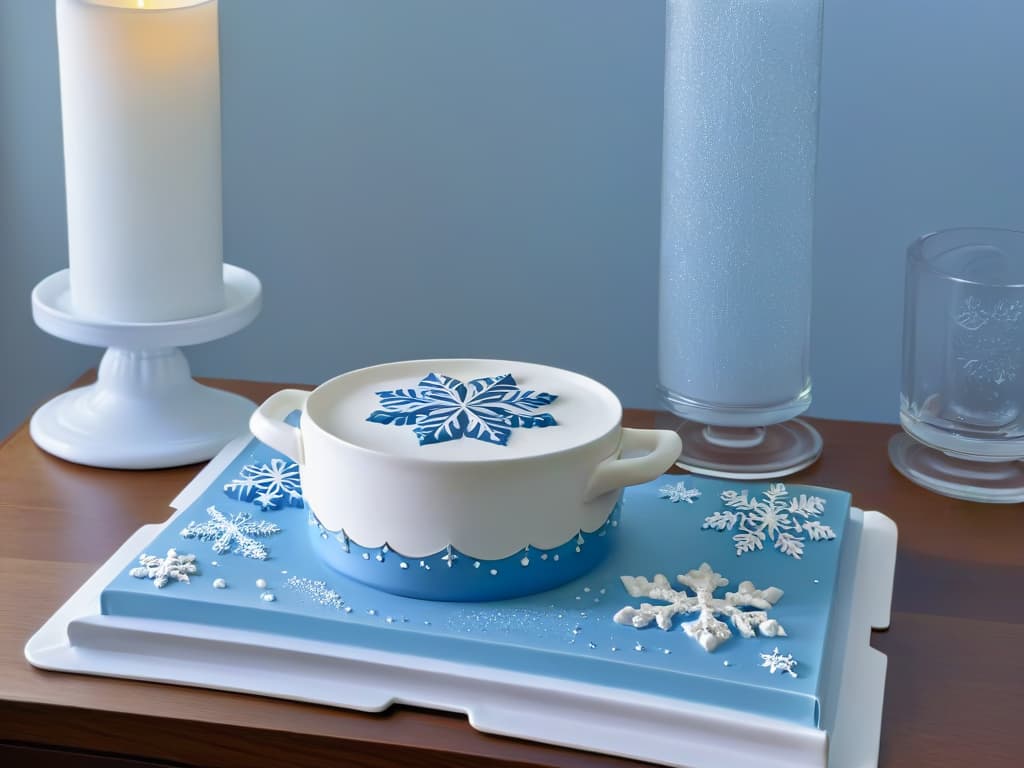  An image of a sleek, minimalistic kitchen counter adorned with a set of enchanting Frozenthemed baking dishes and molds. The porcelain white dishes feature intricate snowflake patterns, while the molds are shaped like the iconic characters from the movie. Soft, ambient lighting casts gentle shadows, highlighting the delicate details of each piece. The overall aesthetic is elegant and sophisticated, embodying the magic of Frozen in a modern, understated way. hyperrealistic, full body, detailed clothing, highly detailed, cinematic lighting, stunningly beautiful, intricate, sharp focus, f/1. 8, 85mm, (centered image composition), (professionally color graded), ((bright soft diffused light)), volumetric fog, trending on instagram, trending on tumblr, HDR 4K, 8K