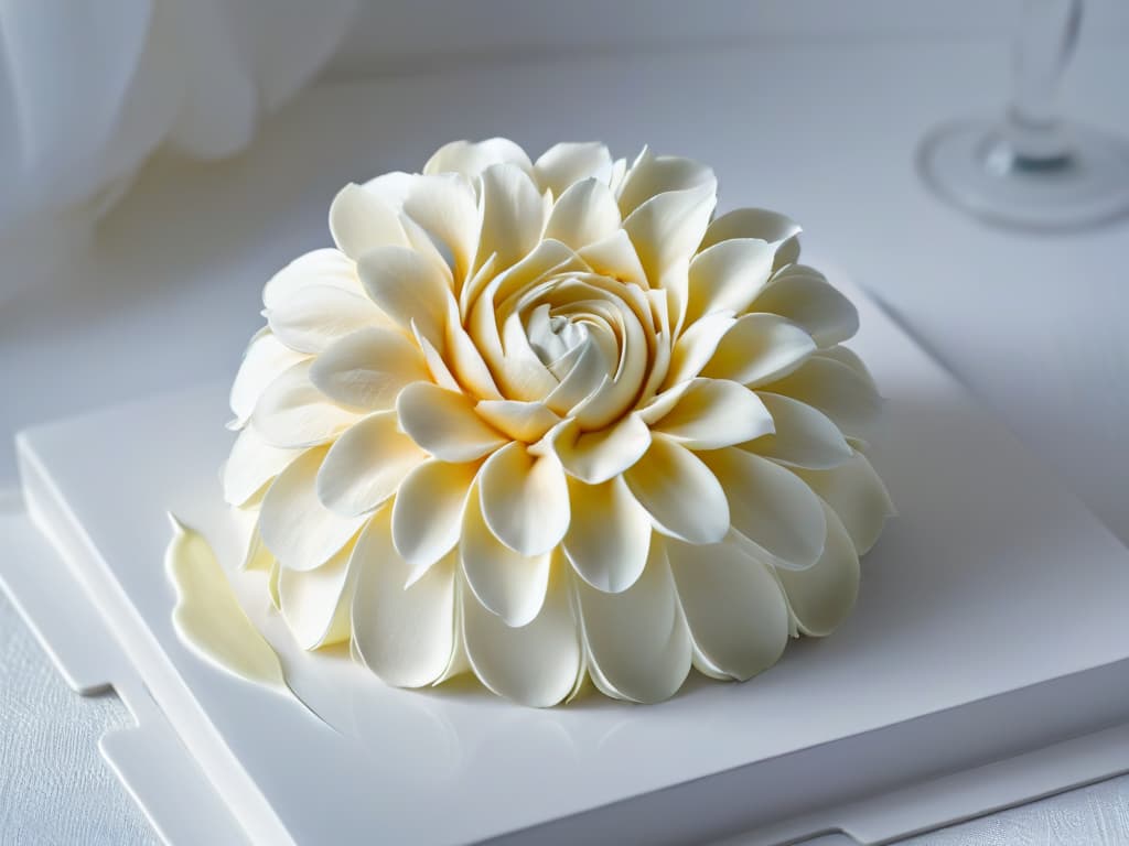  A closeup, ultradetailed image of a delicate, intricately designed sugar flower crafted by a worldrenowned pastry chef. The flower, showcasing layers of thin, translucent petals with lifelike details, sits elegantly on a sleek, modern white plate. Each petal reflects the light, highlighting the expert precision and artistry involved in its creation. The background is softly blurred, emphasizing the exquisite beauty and skill of the pastry chef's work. hyperrealistic, full body, detailed clothing, highly detailed, cinematic lighting, stunningly beautiful, intricate, sharp focus, f/1. 8, 85mm, (centered image composition), (professionally color graded), ((bright soft diffused light)), volumetric fog, trending on instagram, trending on tumblr, HDR 4K, 8K