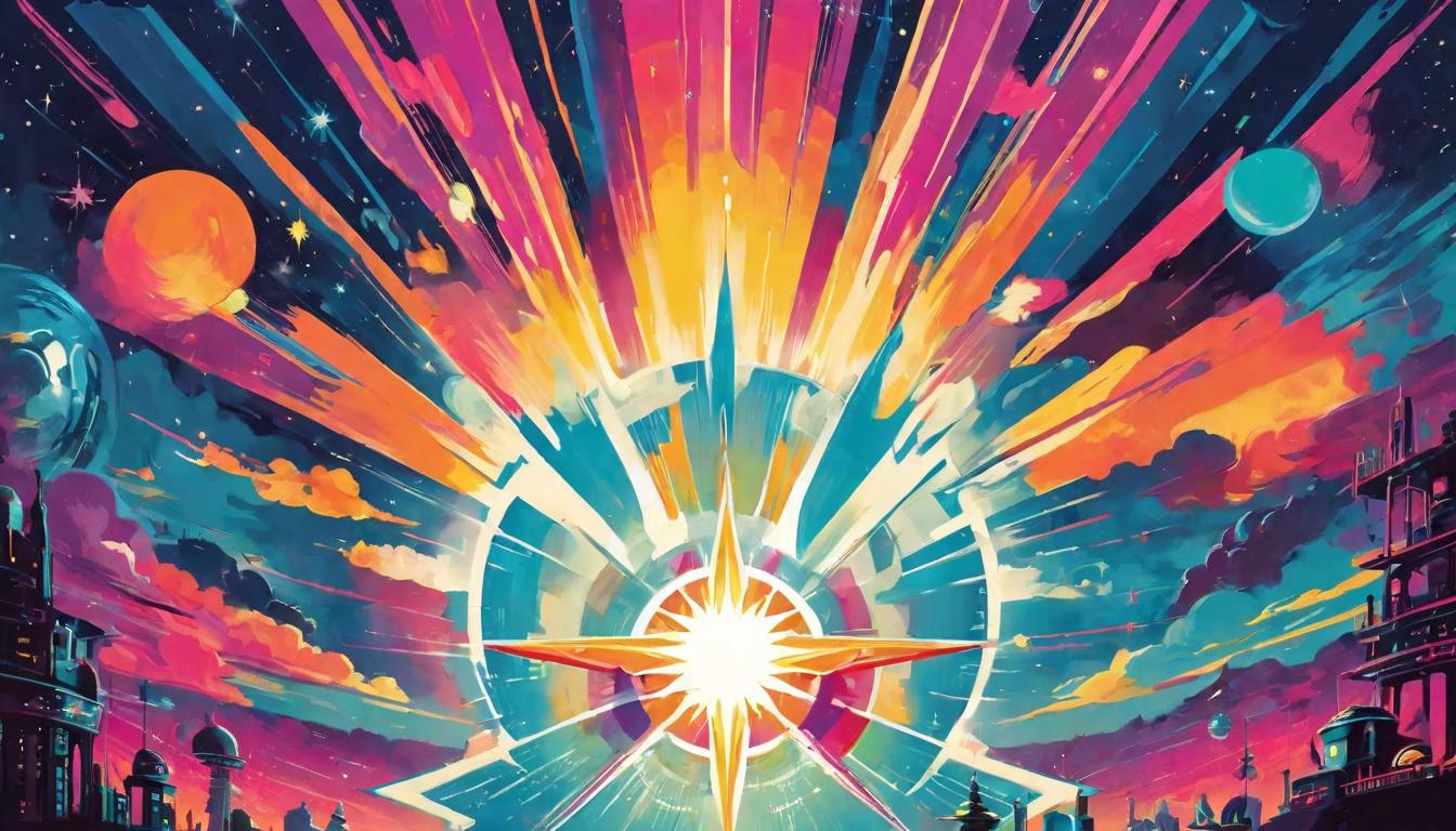  retro futuristic Radiant star illuminating two hands, divine guidance, connection to higher purpose lvintage sci fi, 50s and 60s style, atomic age, vibrant, highly detailed