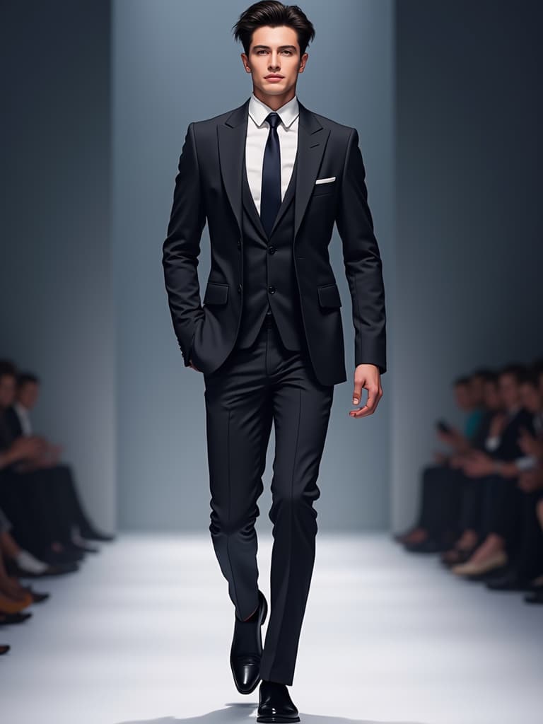  asian, male, suit, runway show, stylish, confident walk, elegant pose, formal attire, fashion model, high fashion, modern outfit, professional lighting, catwalk, fashionable look, trendy clothing, chic style, professional model agency, detailed background ((asian)), ((male)), suit, runway show, stylish, confident walk, elegant pose, formal attire, fashion model, high fashion, modern outfit, professional lighting, catwalk, fashionable look, trendy clothing, chic style, professional model agency, detailed background highly detailed photo, sharp details, best quality, 4k, raw photo, medium shot, 50mm lens, frontal view, anime artwork, anime style, key visual, vibrant, studio anime, highly detailed