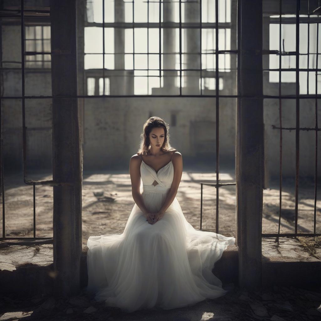  Sad beauty in a white dress in an abandoned prison. hyperrealistic, full body, detailed clothing, highly detailed, cinematic lighting, stunningly beautiful, intricate, sharp focus, f/1. 8, 85mm, (centered image composition), (professionally color graded), ((bright soft diffused light)), volumetric fog, trending on instagram, trending on tumblr, HDR 4K, 8K