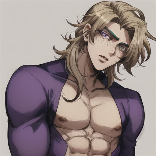  20 year old boy, with middle part style hair of medium long length, light cream skin color skin, with light dark purple eyes, with few freckles in the nose area, slightly profiled nose influenced by JoJos art style with a muscular body, designer clothing