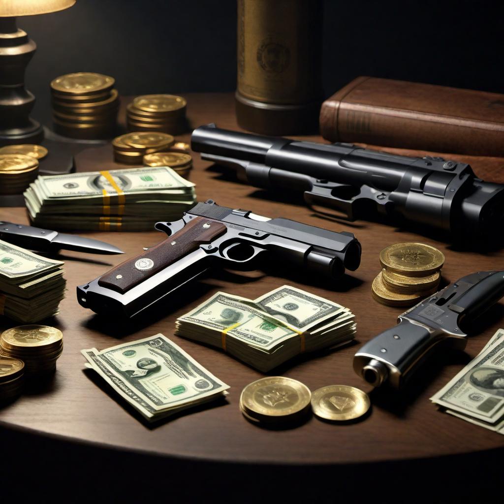  OTF knives, guns, and piles of money laid out on a table as if part of a clandestine deal. The scene has a moody atmosphere with dim lighting and shadows, and in the background, there's a hint of a dark, non-descript room suggesting secrecy and illegality. hyperrealistic, full body, detailed clothing, highly detailed, cinematic lighting, stunningly beautiful, intricate, sharp focus, f/1. 8, 85mm, (centered image composition), (professionally color graded), ((bright soft diffused light)), volumetric fog, trending on instagram, trending on tumblr, HDR 4K, 8K