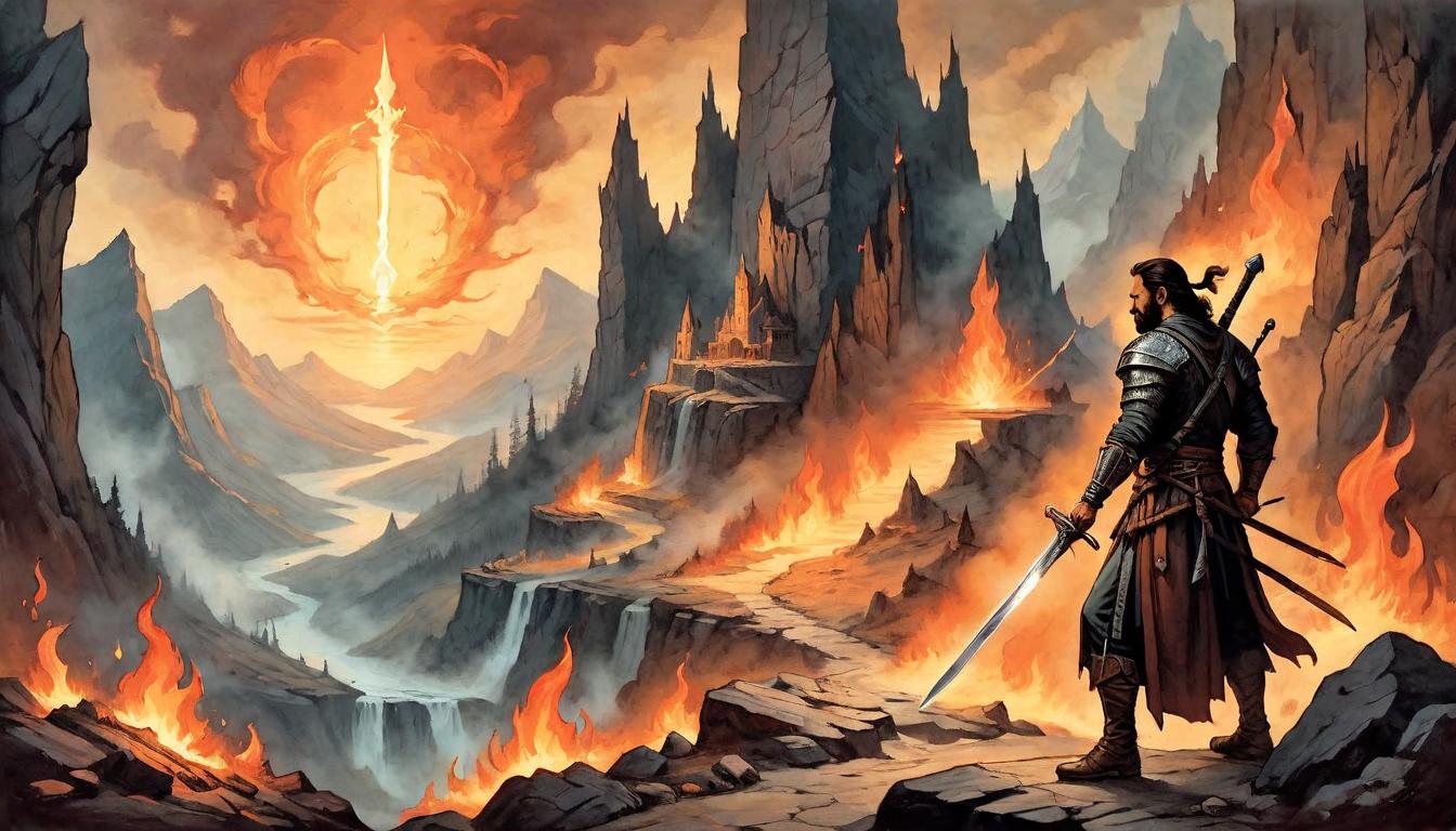  on parchment, surrealism+++, A lone swordsman forges a blade in the heart of a mountain's forge, flames reflect resilience, craftsmanship, stoic determination, fiery glow(mysterious, provocative, symbolic,muted color)+++