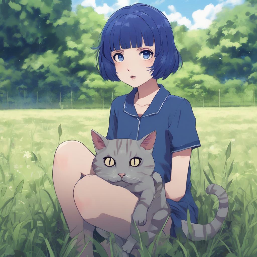  girl with short indigo hair heterochromatic eyes in full growth with a cat-like design on an anime field.