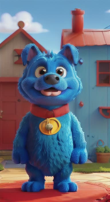  {Max the big blue dog standing in front of a cozy little house with a red door, The big blue dog is large with sky blue fur, big round eyes, a black nose, and floppy ears.