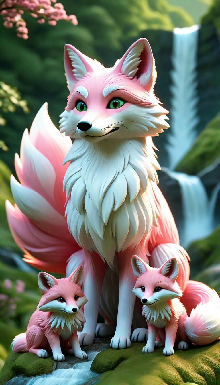  Professional 3D model of A nine tailed pink and white fox with her babies in a green landscape with a majestic waterfall. . Rendered with Octane, the model is highly detailed,dramatic lighting. hyperrealistic, full body, detailed clothing, highly detailed, cinematic lighting, stunningly beautiful, intricate, sharp focus, f/1. 8, 85mm, (centered image composition), (professionally color graded), ((bright soft diffused light)), volumetric fog, trending on instagram, trending on tumblr, HDR 4K, 8K