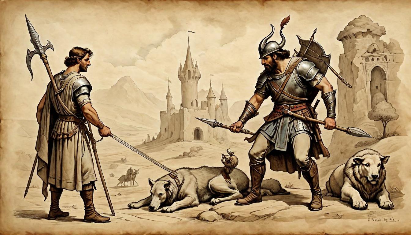  on parchment, surrealism+++, A young shepherd with a sling, staring down a giant warrior, contrasting sizes, intense confrontation(mysterious, provocative, symbolic,muted color)+++