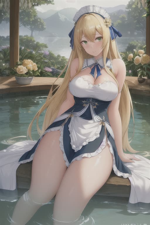  (score 9,score 8 up,score 7 up,),1girl,solo,maid,maid headdress,looking at viewer,outdoor,lake,apron,blonde hair,indoors,green eyes,bare foot,two feet in the water lotus flower sex stunny hyperrealistic, full body, detailed clothing, highly detailed, cinematic lighting, stunningly beautiful, intricate, sharp focus, f/1. 8, 85mm, (centered image composition), (professionally color graded), ((bright soft diffused light)), volumetric fog, trending on instagram, trending on tumblr, HDR 4K, 8K