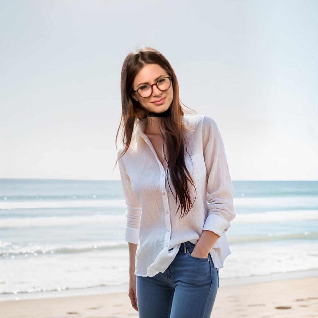  keep face, dont change face, linen white shirt, blue jeans, portrait, award, cute, adorable, wearing trendy white clothing, beach background, sunny day, intricate, highly detailed face and hand, 8K hyperrealistic, full body, detailed clothing, highly detailed, cinematic lighting, stunningly beautiful, intricate, sharp focus, f/1. 8, 85mm, (centered image composition), (professionally color graded), ((bright soft diffused light)), volumetric fog, trending on instagram, trending on tumblr, HDR 4K, 8K