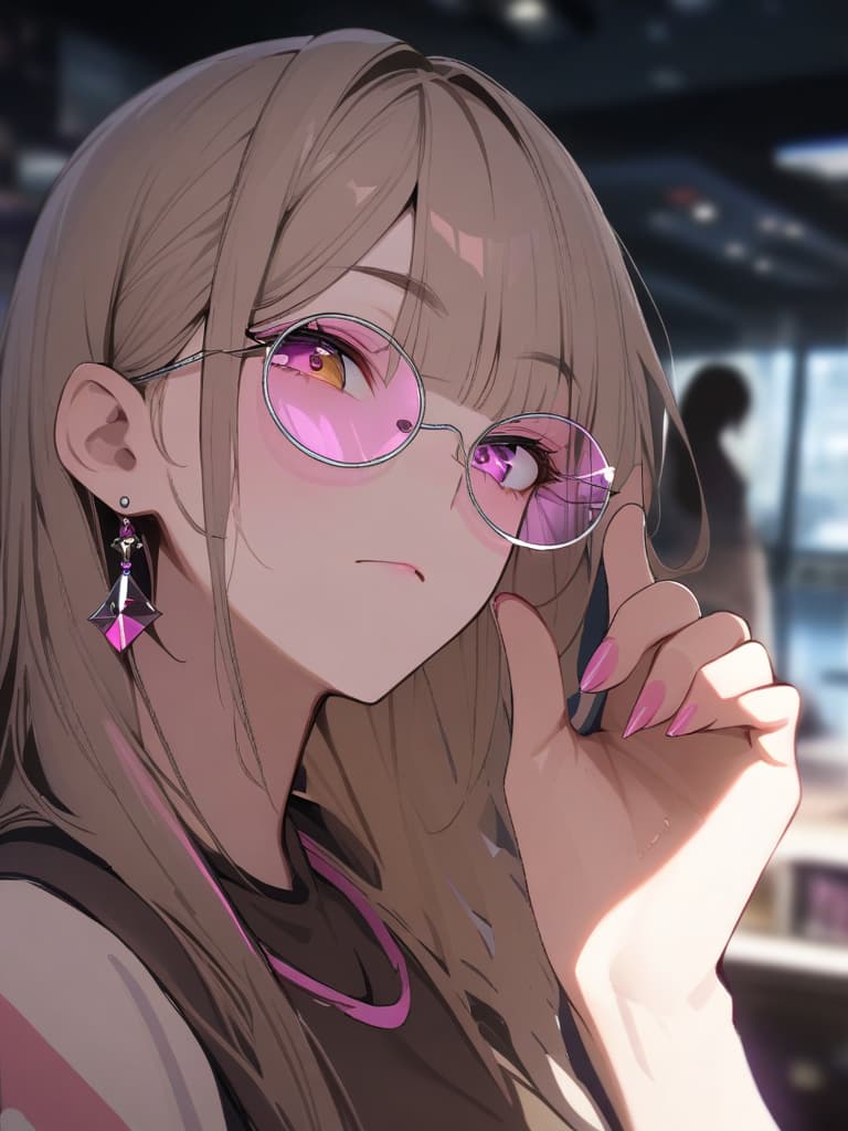  solo,girl,14yo,kawaii,clear face,dot mouth,yellow eyes,glossy eyes,glossy lip,light brown hair,straight hair,hair behind ear,long bangs,blunt bangs,eyes visible through hair,(sungles,pink tinted eyewear,round eyewear:1.5),(adjusting eyewear:1.5),(looking over eyewear:1.5),(looking at viewer,head down:1.2),(crop top:1.2),drop earrings,triangle earrings,ring,nailpolish,fingernails,pink nails,hairclip BREAK (incredibly absurdres:1.3),(highres:1.3),(texture:1.2),(contrast:1.5),(top quality,masterpiece:1.3),(shading:1.3),(sharpness:1.3),(sense of depth0.8),(face and hands only:1.5),(face close up:1.2) BREAK (blurry background:1.2),(indoor),, masterpiece, best quality,8k,ultra detailed,high resolution,an extremely delicate and beautiful,hyper det