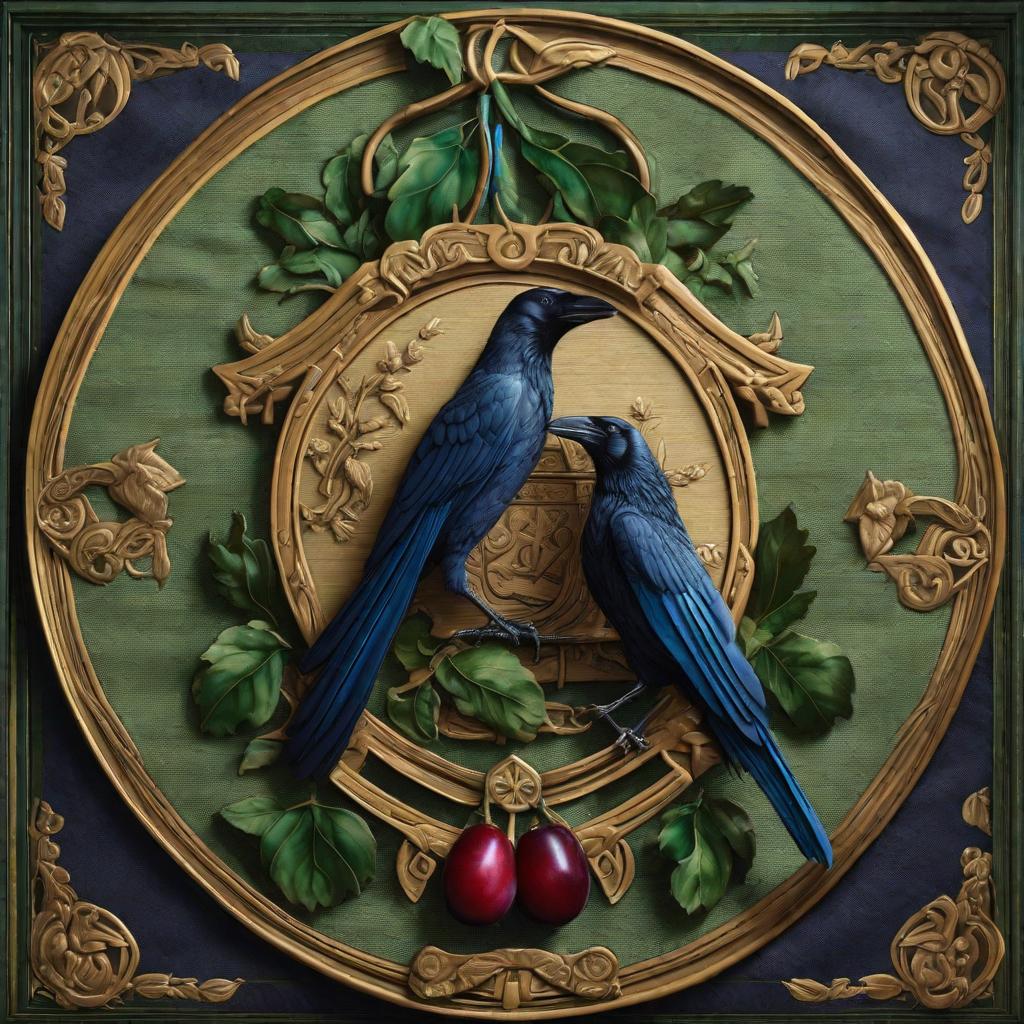  a family crest tapestry using green and blue, plums and ravens hyperrealistic, full body, detailed clothing, highly detailed, cinematic lighting, stunningly beautiful, intricate, sharp focus, f/1. 8, 85mm, (centered image composition), (professionally color graded), ((bright soft diffused light)), volumetric fog, trending on instagram, trending on tumblr, HDR 4K, 8K