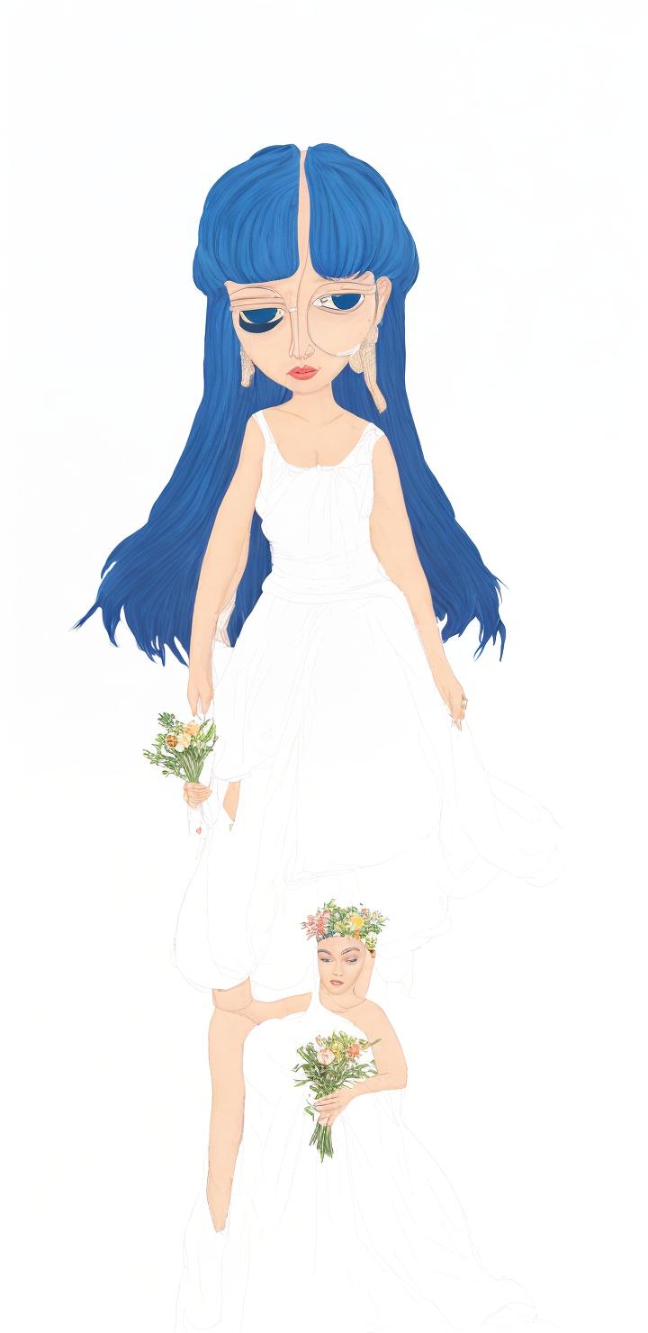 analog style BlueHair, queen,Please create an image of CaiWenji wearing a combination of a wedding dress and LongDress clothing.Bird, Bouquet,goddess.