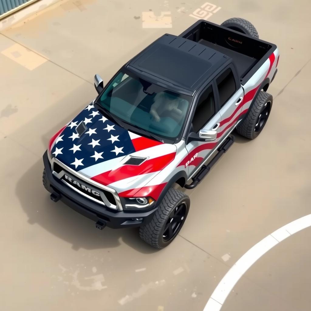  ram truck. lift kit. body mods. captain american paint. arial view