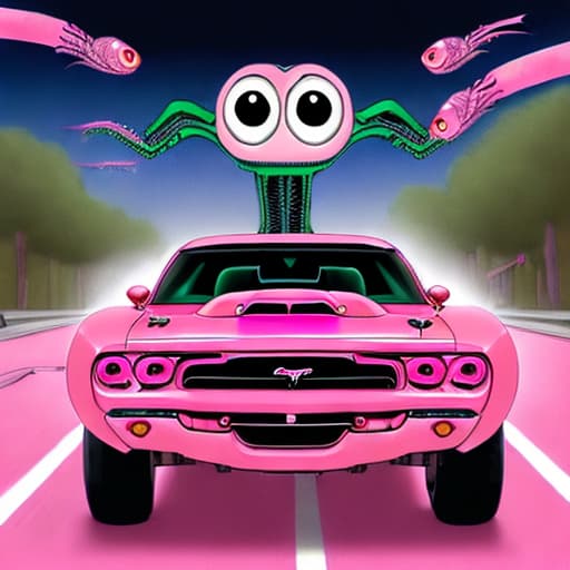  (((GIANT MULTI-ARMED MULTI-EYED ALIEN MONSTER))) chasing behind a (((HOT PINK BARRACUDA MUSCLE CAR))) racing down a ((small town American street))
