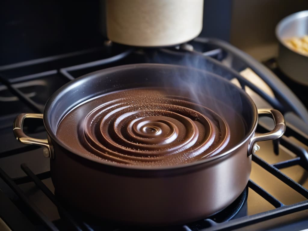  A closeup, ultradetailed image of a small saucepan on a gas stove, with rich, velvety chocolate slowly melting inside. The chocolate is glossy and smooth, with swirls of steam rising elegantly from its surface. The saucepan is set against a sleek, modern kitchen backdrop, highlighting the simplicity and sophistication of the chocolatemaking process. hyperrealistic, full body, detailed clothing, highly detailed, cinematic lighting, stunningly beautiful, intricate, sharp focus, f/1. 8, 85mm, (centered image composition), (professionally color graded), ((bright soft diffused light)), volumetric fog, trending on instagram, trending on tumblr, HDR 4K, 8K