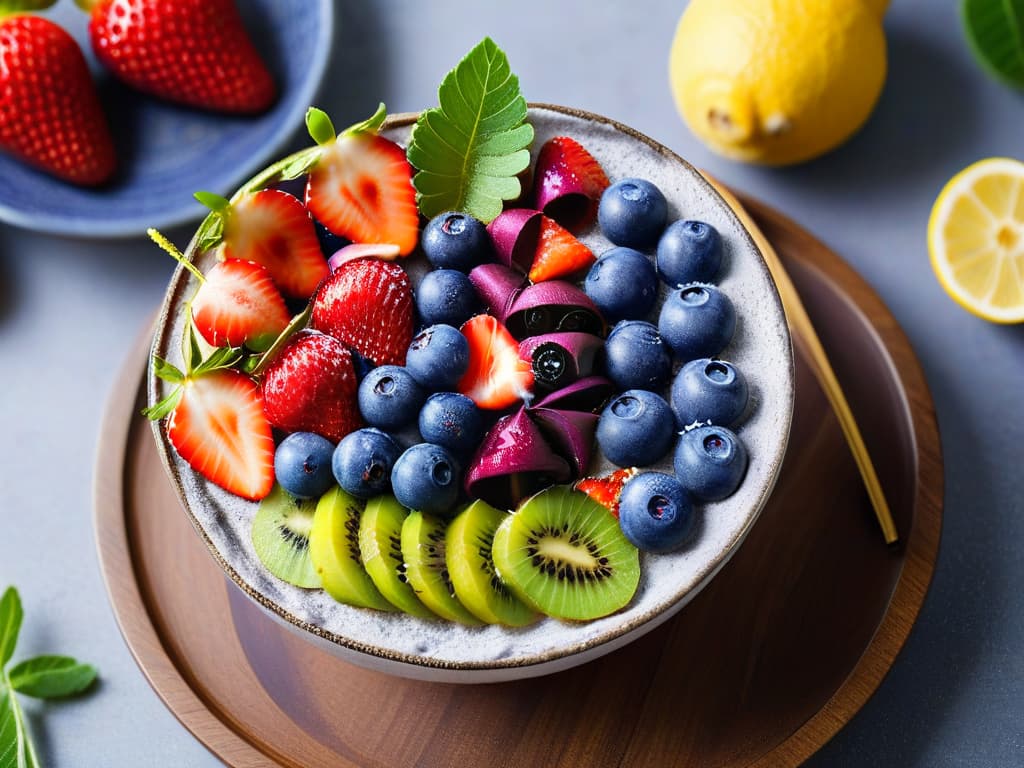  An ultradetailed image of a vibrant and fresh açaí bowl, topped with a colorful array of sliced fruits like strawberries, blueberries, and kiwi, sprinkled with chia seeds and coconut flakes, all presented on a sleek, modern white ceramic bowl with a wooden spoon placed delicately on the side. The photo captures the intricate details of the ripe fruits, the glossy texture of the açaí blend, and the contrast between the bright hues against the minimalist background, creating an enticing and visually appealing composition that perfectly complements the theme of exotic and healthy dessertmaking with açaí. hyperrealistic, full body, detailed clothing, highly detailed, cinematic lighting, stunningly beautiful, intricate, sharp focus, f/1. 8, 85mm, (centered image composition), (professionally color graded), ((bright soft diffused light)), volumetric fog, trending on instagram, trending on tumblr, HDR 4K, 8K