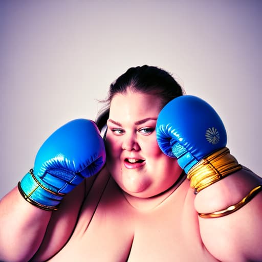 portrait+ style a fat woman, inside a ring, with boxing gloves, fighting against a scale