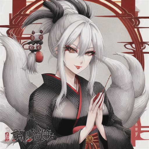  old fox lady, black-white hair, Japanese outfits, age 30 old, big red needle in hands, self-confident look, japanese makeup