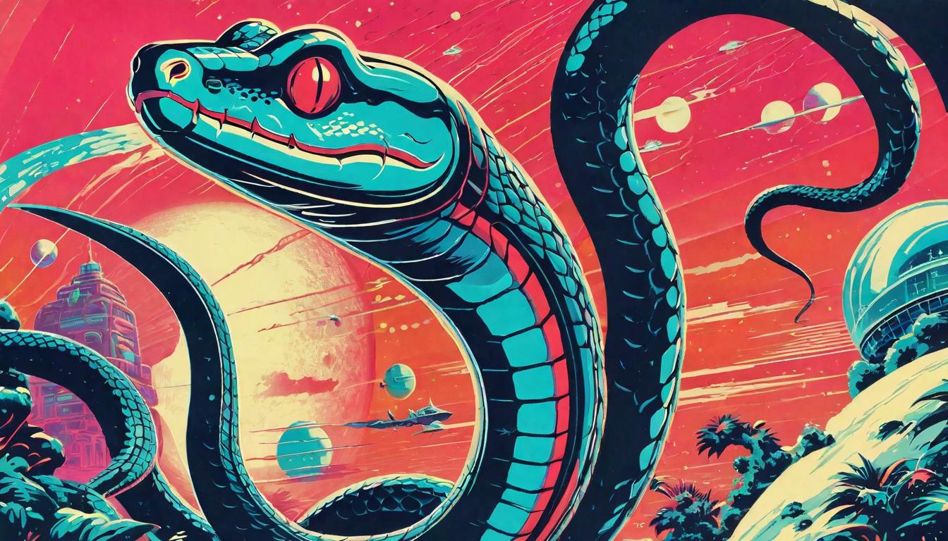  retro futuristic A snake shedding its skin, with the new layer glowing softly. Transformation, releasing old patterns, embracing new truths. lvintage sci fi, 50s and 60s style, atomic age, vibrant, highly detailed