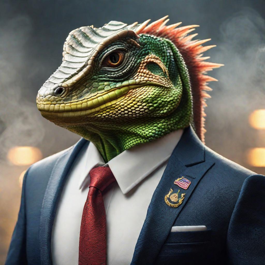  Donald trump as a lizard hyperrealistic, full body, detailed clothing, highly detailed, cinematic lighting, stunningly beautiful, intricate, sharp focus, f/1. 8, 85mm, (centered image composition), (professionally color graded), ((bright soft diffused light)), volumetric fog, trending on instagram, trending on tumblr, HDR 4K, 8K