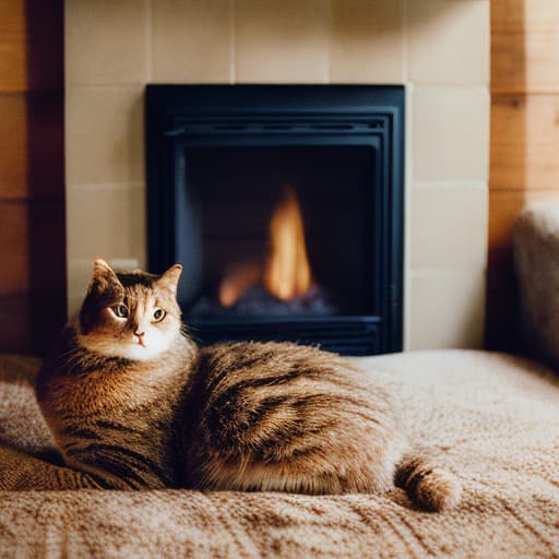 analog style "In the room of a cabin, a cozy fireplace, a cat is in front of the cozy fireplace."