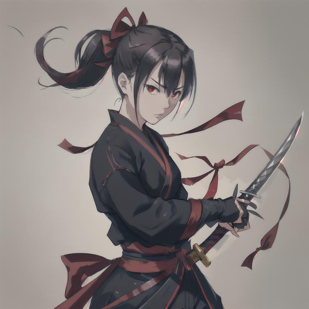  a katana sword tied with red ribbons, fantasy weapons