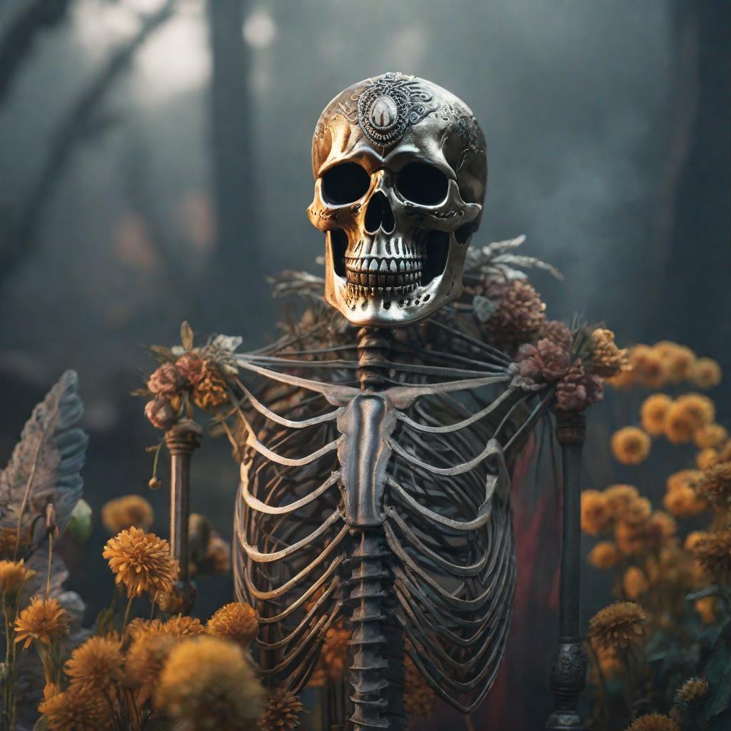  Calavera hyperrealistic, full body, detailed clothing, highly detailed, cinematic lighting, stunningly beautiful, intricate, sharp focus, f/1. 8, 85mm, (centered image composition), (professionally color graded), ((bright soft diffused light)), volumetric fog, trending on instagram, trending on tumblr, HDR 4K, 8K