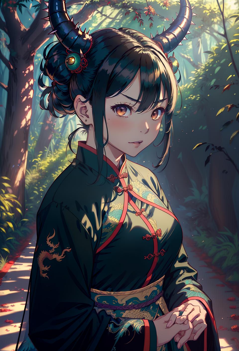  ((trending, highres, masterpiece, cinematic shot)), 1girl, mature, female chinese outfit, large, forest scene, very short spiked aqua hair, twintails hairstyle, large brown eyes, evil personality, mischievous expression, dragon horns, dragon wings, tanned skin, orderly, observant