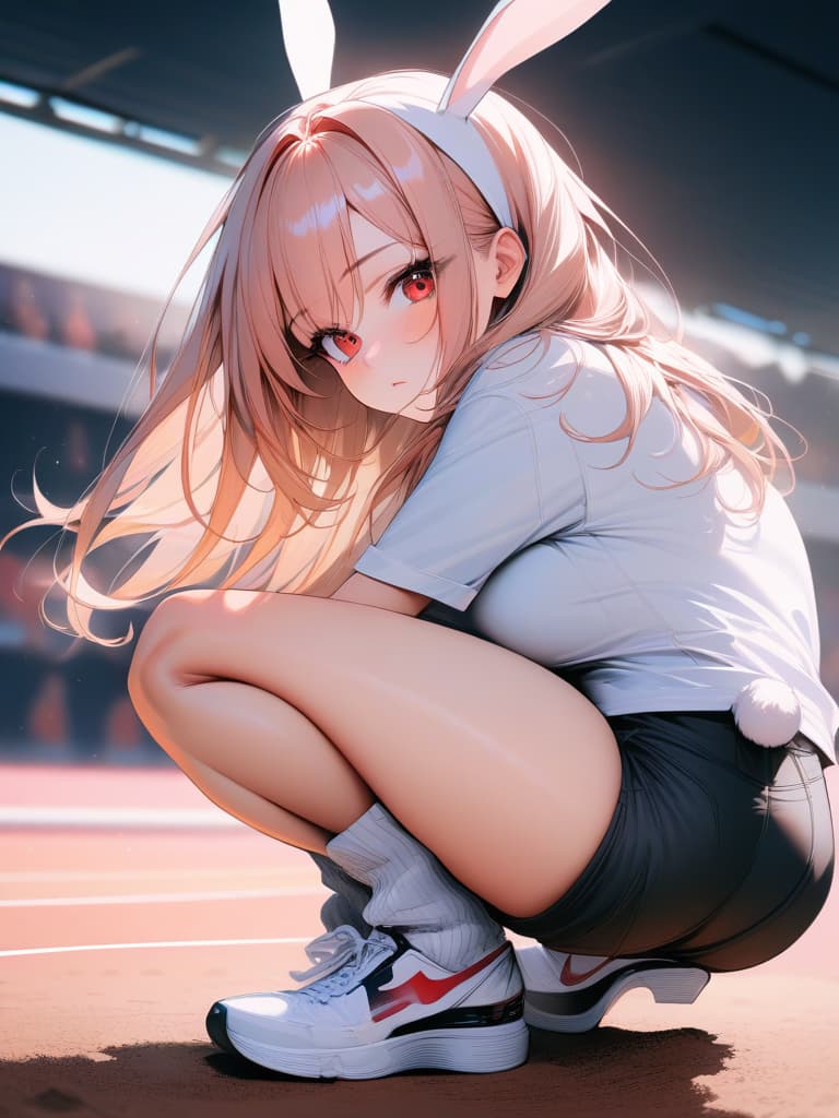  (ultra wide view,blah background,sence of depth:1.5),(from behind,looking at viewer,face focus,all body,track and field,outdoor,madeon:1.6) BREAK solo,,kawaii,[red eyes],(tsurime),white hair,(straight hair,hair over ears:1.5),hair over shoulder,(rabbit ears:1.5),(rabbit tail),gym shirt,(short sleeves:1.3),(sleeves rolled up:1.3),(gym shorts,dig in shorts,adjusting shorts:1.3),(loose socks),sneakers,(squat,leaning forward, together foots apart,both hands on :1.5) BREAK (absurdres,highres,superlative),((texture)),((ultra contrast)),(top quality,masterpiece:1.5),, masterpiece, best quality,8k,ultra detailed,high resolution,an extremely delicate and beautiful,hyper detail hyperrealistic, full body, detailed clothing, highly detailed, cinematic lighting, stunningly beautiful, intricate, sharp focus, f/1. 8, 85mm, (centered image composition), (professionally color graded), ((bright soft diffused light)), volumetric fog, trending on instagram, trending on tumblr, HDR 4K, 8K