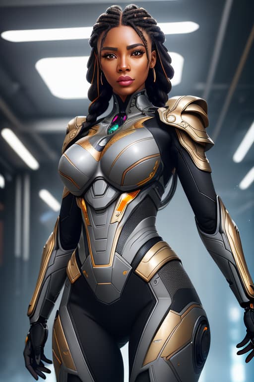  cgmech, beautiful eyes, upper body,, portrait, robot, armor, black zulu women, african, neon light, 8K, RAW, best quality, masterpiece, ultra high res, colorful, (medium wide shot), (dynamic perspective), sharp focus , (depth of field, bokeh:1.3), extremely detailed eyes and face, beautiful detailed eyes,(grey gold, trimmed gear:1.2),(In a futuristic weapons factory:1.2), ((masterpiece, best quality)), <lora:more details:0.3> Detailed background, spaceship interior <lora:Niji:0.5> , braids hair, hyperrealistic, full body, detailed clothing, highly detailed, cinematic lighting, stunningly beautiful, intricate, sharp focus, f/1. 8, 85mm, (centered image composition), (professionally color graded), ((bright soft diffused light)), volumetric fog, trending on instagram, trending on tumblr, HDR 4K, 8K