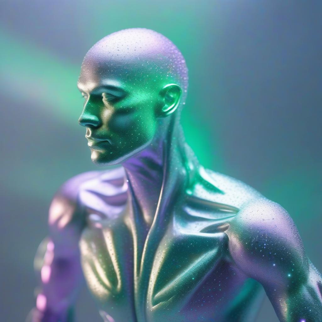  space themed A cosmic human like creature photo consisting of a white sparkling liquid mettalic mist highly detailed, standing in profile made of liguid chromatic construction, artificial intelligence, high level of detail, pastel light grey light purple and pastel light green colors, calm colors, cosmic background, photo realism, realistic photo 3D, HQ, 4K high quality for modern mobile app . cosmic, celestial, stars, galaxies, nebulas, planets, science fiction, highly detailed hyperrealistic, full body, detailed clothing, highly detailed, cinematic lighting, stunningly beautiful, intricate, sharp focus, f/1. 8, 85mm, (centered image composition), (professionally color graded), ((bright soft diffused light)), volumetric fog, trending on instagram, trending on tumblr, HDR 4K, 8K