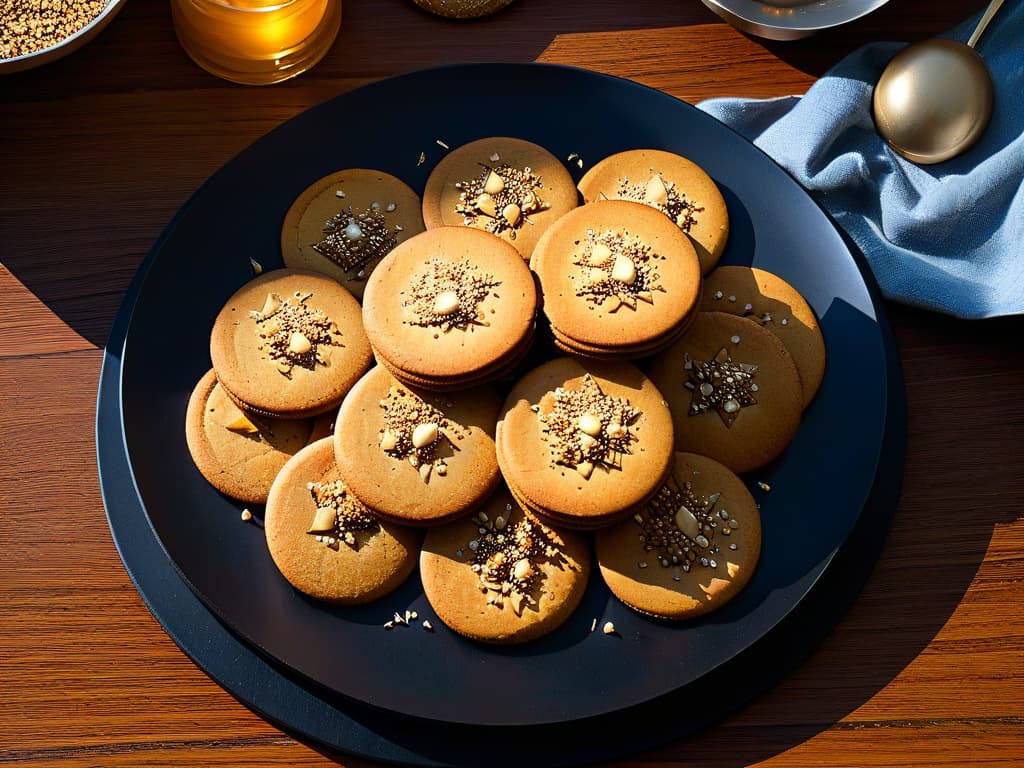  An intricately detailed closeup image of goldenbrown cookies studded with tiny flecks of nutrientrich flaxseeds, arranged neatly on a sleek, modernlooking matte black plate. The cookies are perfectly round with a slightly cracked surface, emitting a warm, inviting aroma. Each flaxseed glistens subtly under a soft, diffused lighting, showcasing the delicate textures and wholesome ingredients that elevate these treats to a new level of sophistication and healthconscious baking. hyperrealistic, full body, detailed clothing, highly detailed, cinematic lighting, stunningly beautiful, intricate, sharp focus, f/1. 8, 85mm, (centered image composition), (professionally color graded), ((bright soft diffused light)), volumetric fog, trending on instagram, trending on tumblr, HDR 4K, 8K