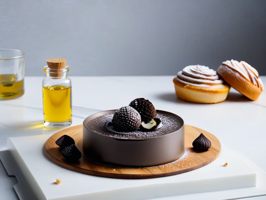  An ultradetailed, highresolution image showcasing a sleek, modern kitchen countertop with a marble backdrop. On the countertop, there is an elegant glass jar filled with luxurious black truffle oil, next to a stack of freshly baked gourmet pastries adorned with delicate truffle shavings. The lighting is soft and ambient, highlighting the richness and sophistication of the truffleinfused treats. hyperrealistic, full body, detailed clothing, highly detailed, cinematic lighting, stunningly beautiful, intricate, sharp focus, f/1. 8, 85mm, (centered image composition), (professionally color graded), ((bright soft diffused light)), volumetric fog, trending on instagram, trending on tumblr, HDR 4K, 8K