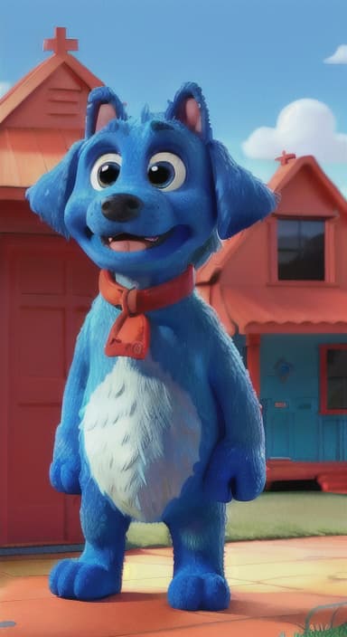  {Max the big blue dog standing in front of a cozy little house with a red door, The big blue dog is large with sky blue fur, big round eyes, a black nose, and floppy ears.