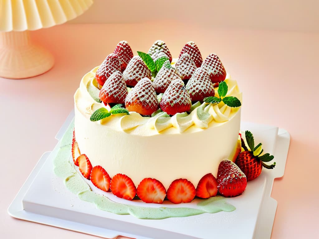  A highresolution, minimalist image of a colorful and intricately designed Tres Leches cake, topped with fresh strawberries and mint leaves, set on a simple white plate against a soft pastel background, creating a visually appealing and appetizing composition that captures the essence of Latin American desserts. hyperrealistic, full body, detailed clothing, highly detailed, cinematic lighting, stunningly beautiful, intricate, sharp focus, f/1. 8, 85mm, (centered image composition), (professionally color graded), ((bright soft diffused light)), volumetric fog, trending on instagram, trending on tumblr, HDR 4K, 8K