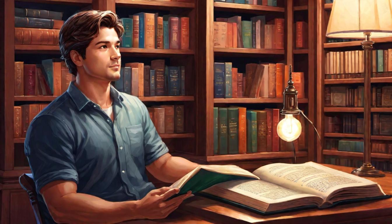  digital illustration, 1person, reading a book with a thoughtful expression, background of bookshelves filled with psychology books, cozy study room, soft lamplight, identifying and disputing irrational thoughts, knowledgeable atmosphere, looking at viewer, dynamic pose, (intricate details, masterpiece, best quality)