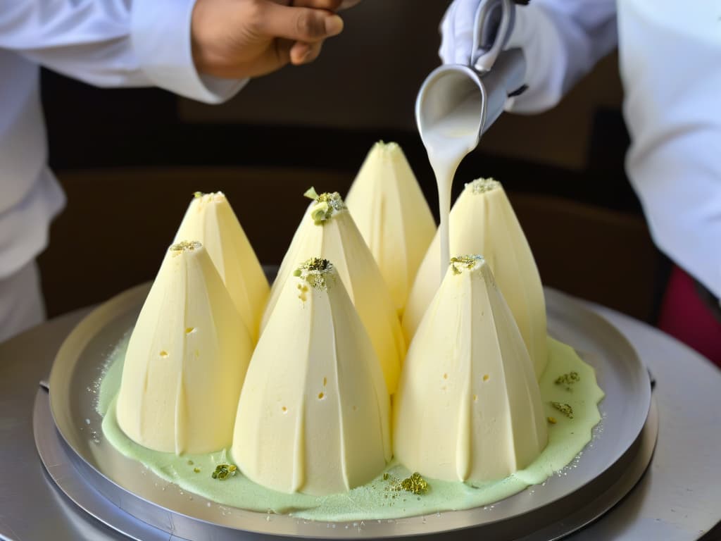  An ultradetailed closeup image of creamy kulfi being slowly poured into traditional coneshaped molds, capturing the intricate swirls and texture of the sweet Indian delicacy. The soft, creamy texture contrasts beautifully with the smooth surface of the metal molds, showcasing the artistry and precision involved in the kulfimaking process. The lighting is soft, highlighting the richness of the dessert and creating a visually striking and minimalistic composition that evokes a sense of tradition and craftsmanship. hyperrealistic, full body, detailed clothing, highly detailed, cinematic lighting, stunningly beautiful, intricate, sharp focus, f/1. 8, 85mm, (centered image composition), (professionally color graded), ((bright soft diffused light)), volumetric fog, trending on instagram, trending on tumblr, HDR 4K, 8K