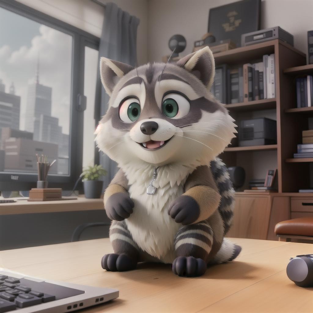  raccoon sitting in gaming chair front a computer on desktop, ((semi anthropomorphic)),(full body), tail, belly, sitting, fat, (chubby), (((white background))), solo, desktop, gaming chair, side view,  [[[clothes]]] hyperrealistic, full body, detailed clothing, highly detailed, cinematic lighting, stunningly beautiful, intricate, sharp focus, f/1. 8, 85mm, (centered image composition), (professionally color graded), ((bright soft diffused light)), volumetric fog, trending on instagram, trending on tumblr, HDR 4K, 8K