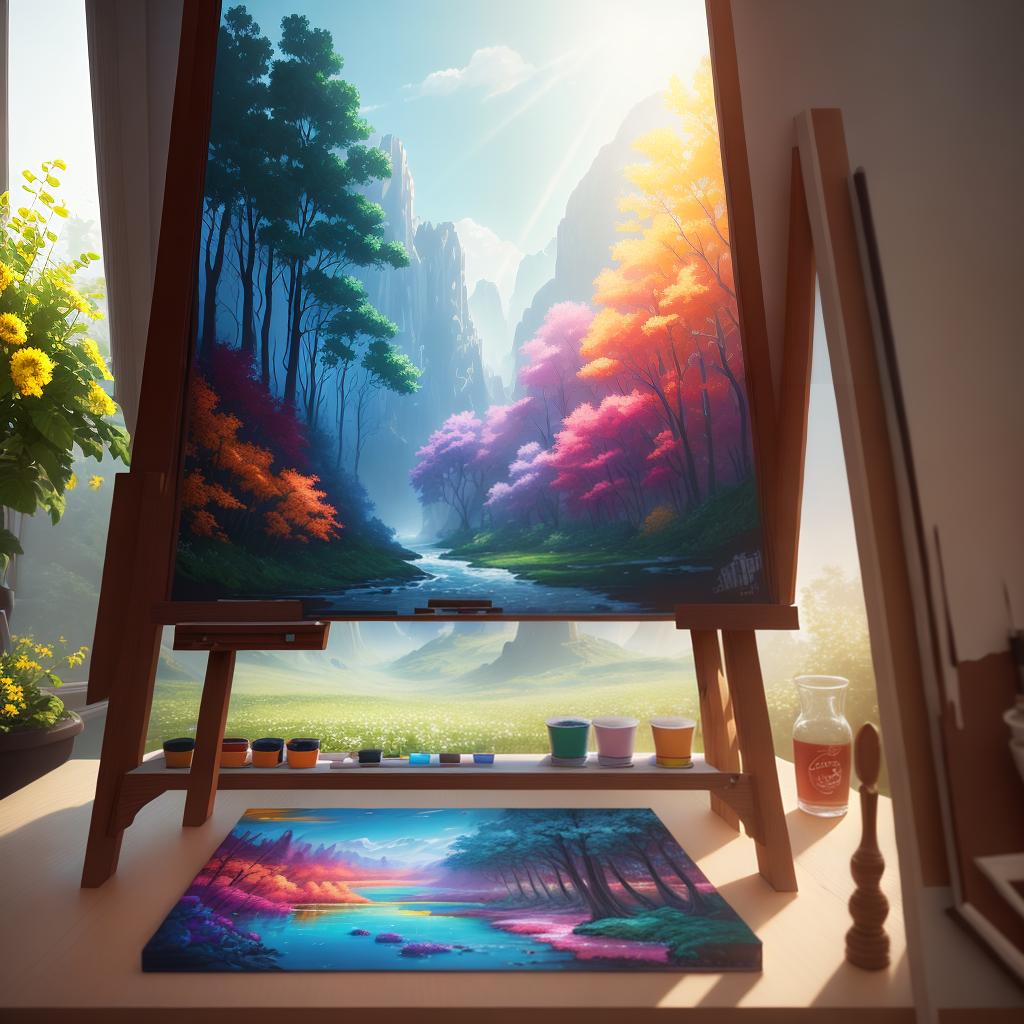  A digital masterpiece with the best quality and ultra-detailed 8k resolution. The main subject of the scene is an artist painting a vibrant landscape on a canvas. The elements in the scene include (colorful palette), (brush strokes), (easel), (paint tubes), and (sunlight streaming through a window). hyperrealistic, full body, detailed clothing, highly detailed, cinematic lighting, stunningly beautiful, intricate, sharp focus, f/1. 8, 85mm, (centered image composition), (professionally color graded), ((bright soft diffused light)), volumetric fog, trending on instagram, trending on tumblr, HDR 4K, 8K