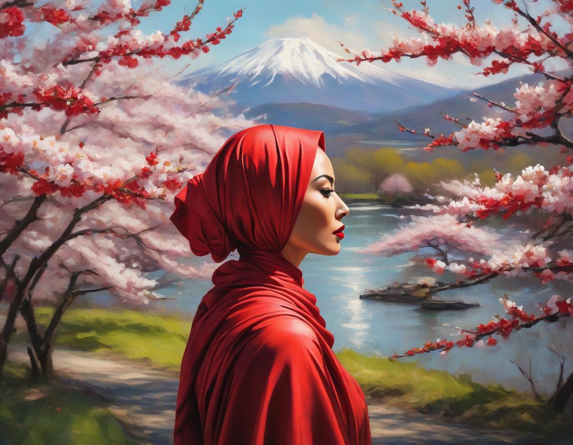  abstract expressionist painting A digital art portrait of a woman with a red headscarf, cherry blossoms in her hair, and serene landscape in the background. . energetic brushwork, bold colors, abstract forms, expressive, emotional hyperrealistic, full body, detailed clothing, highly detailed, cinematic lighting, stunningly beautiful, intricate, sharp focus, f/1. 8, 85mm, (centered image composition), (professionally color graded), ((bright soft diffused light)), volumetric fog, trending on instagram, trending on tumblr, HDR 4K, 8K