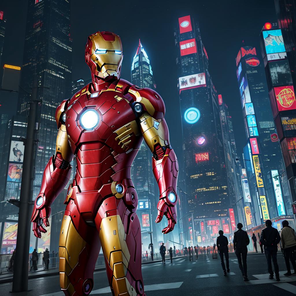  masterpiece, best quality, Best quality, masterpiece, 8k resolution, realistic, highly detailed, close up of Iron Man. In a cyberpunk-style night scene of the city, he stands on a street lined with tall buildings. The city's night lights are bright, The surrounding buildings and streets are filled with cyberpunk elements such as neon lights, high-tech devices, and futuristic architectural designs.