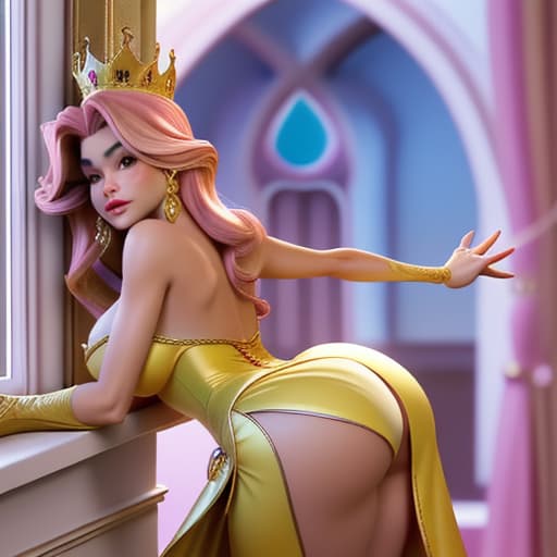  Sofia Vergara as a fantasy Disney queen in bodytight and skinny pink-yellow short and opulent dress,seen from the back leaning towards palace window,her ass up,watching her Middle Earth- like kingdom