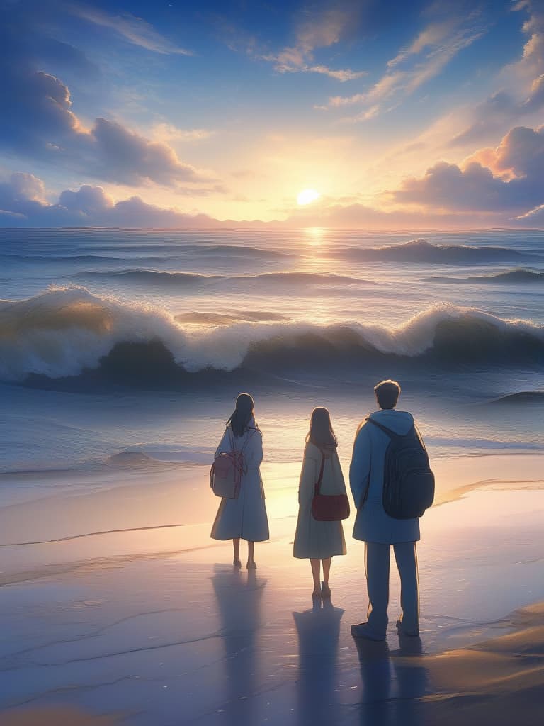  The background is the sea, the sky, the night sky, the sunset, a little visible, on the sandy beach, the men and women are looking at the sea, the woman is about to leave the place, the man is standing., masterpiece, best quality,8k,ultra detailed,high resolution,an extremely delicate and beautiful,hyper detail