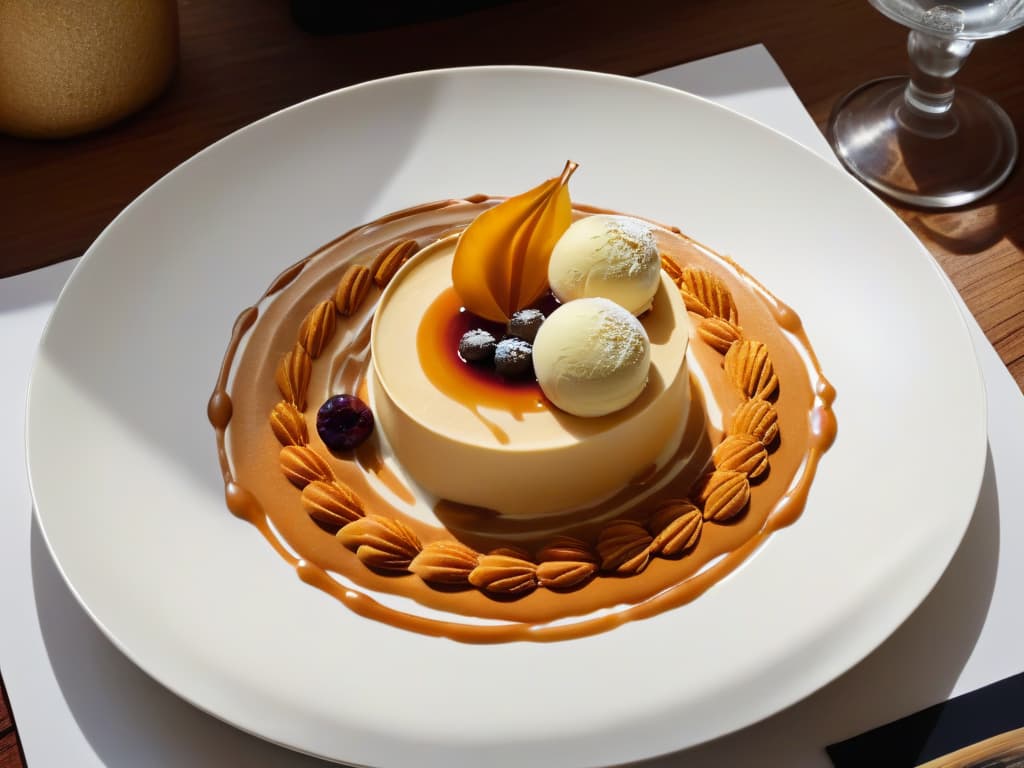  A photorealistic image of a sleek, modern dessert plating featuring a single exquisite dessert at the center of a large white plate. The dessert is a delicate masterpiece of minimalism, with precise swirls of caramel sauce, a perfectly placed quenelle of vanilla bean ice cream, and a scattering of edible gold leaf for a touch of luxury. The background is softly blurred to keep the focus on the artful dessert presentation, highlighting the elegance and sophistication of minimalist dessert decorating techniques. hyperrealistic, full body, detailed clothing, highly detailed, cinematic lighting, stunningly beautiful, intricate, sharp focus, f/1. 8, 85mm, (centered image composition), (professionally color graded), ((bright soft diffused light)), volumetric fog, trending on instagram, trending on tumblr, HDR 4K, 8K