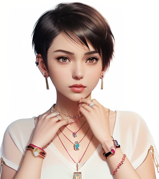  anime artwork (((1girl, bracelet, earrings, jewelry, lips, necklace, nose, own hands together, pendant, realistic, short hair, solo, watch, wristwatch))) . anime style, key visual, vibrant, studio anime, highly detailed